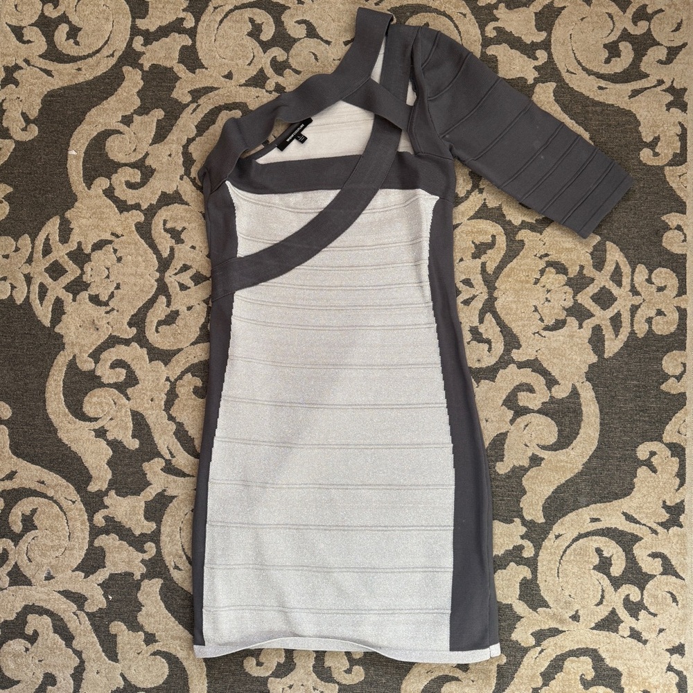 Grey and black bodycon dress with cut out shoulders #bodycon